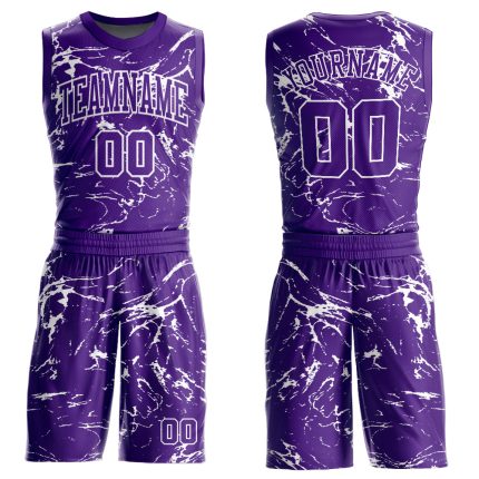 Personalized Purple White Abstract Grunge Art Round Neck Sublimation Basketball Suit Jersey Team Custom Name and Number