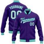 Personalized Purple White-Aqua Bomber Full-Snap Varsity Letterman Jacket Team Custom Name and Number