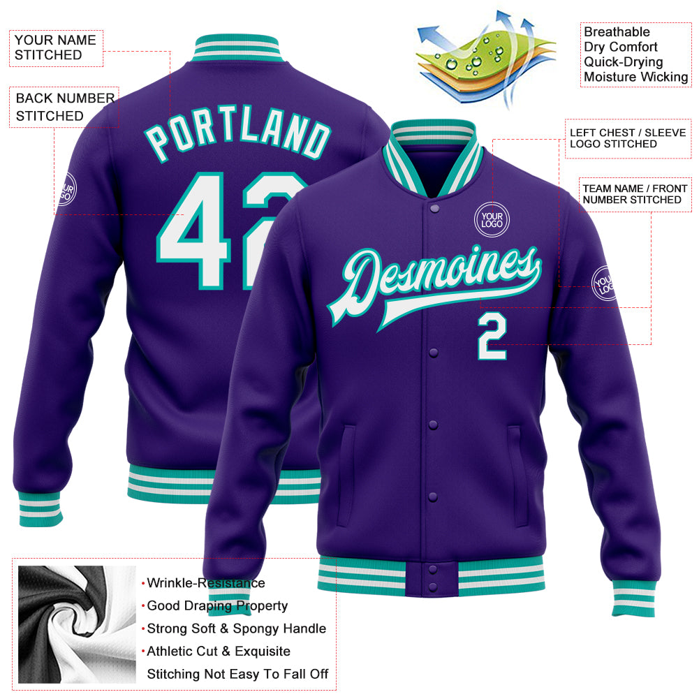Personalized Purple White-Aqua Bomber Full-Snap Varsity Letterman Jacket Team Custom Name and Number Personalized Purple White-Aqua Bomber Full-Snap Varsity Letterman Jacket Team Custom Name and Number - Image 3