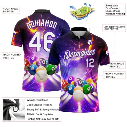 Personalized Purple White-Black 3D Pattern Design Billiards Performance Polo Shirt Team Custom Name and Number