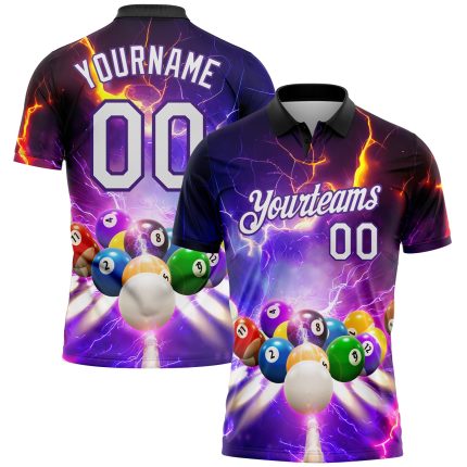 Personalized Purple White-Black 3D Pattern Design Billiards Performance Polo Shirt Team Custom Name and Number