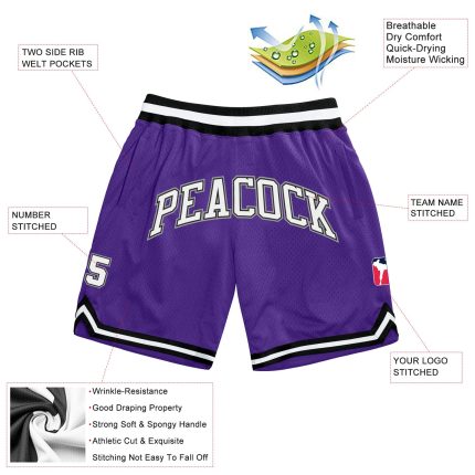 Personalized Purple White-Black Authentic Throwback Basketball Shorts Team Custom Name and Number
