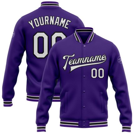 Personalized Purple White-Black Bomber Full-Snap Varsity Letterman Jacket
