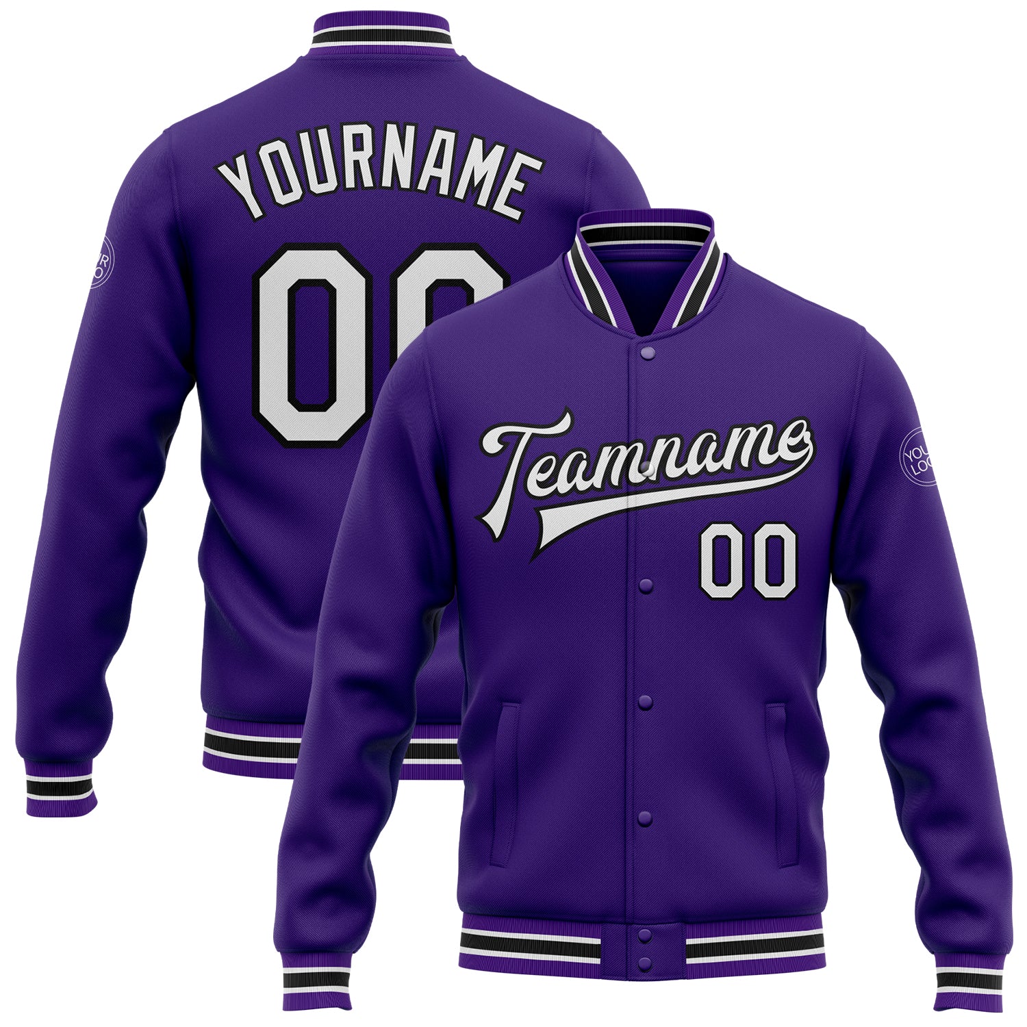 Personalized Purple White-Black Bomber Full-Snap Varsity Letterman Jacket