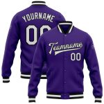 Personalized Purple White-Black Bomber Full-Snap Varsity Letterman Jacket Team Custom Name and Number