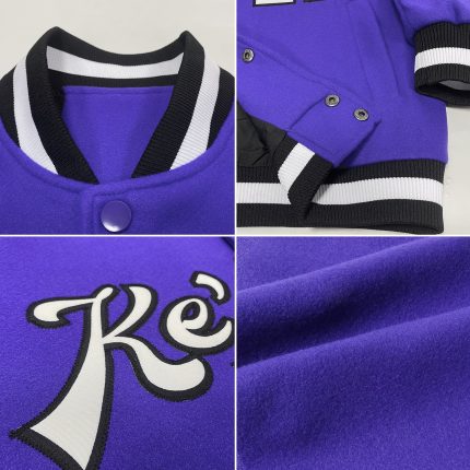 Personalized Purple White-Black Bomber Full-Snap Varsity Letterman Jacket Team Custom Name and Number