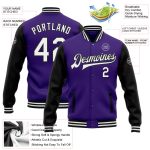 Personalized Purple White-Black Bomber Full-Snap Varsity Letterman Two Tone Jacket Team Custom Name and Number