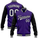 Personalized Purple White-Black Bomber Full-Snap Varsity Letterman Two Tone Jacket Team Custom Name and Number