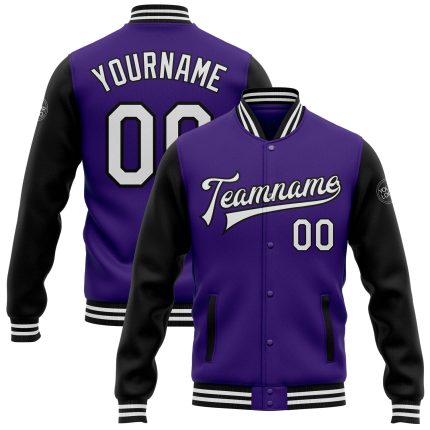 Personalized Purple White-Black Bomber Full-Snap Varsity Letterman Two Tone Jacket Team Custom Name and Number