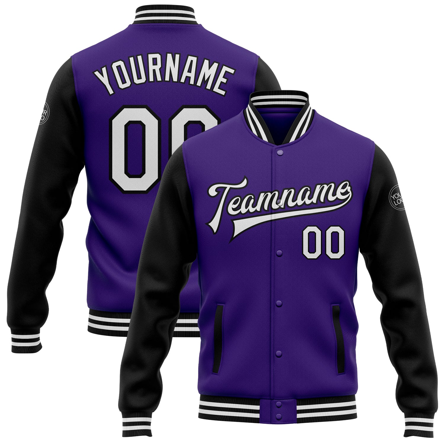 Personalized Purple White-Black Bomber Full-Snap Varsity Letterman Two Tone Jacket Team Custom Name and Number