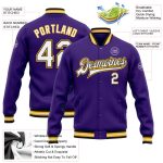 Personalized Purple White Black-Gold Bomber Full-Snap Varsity Letterman Jacket Team Custom Name and Number