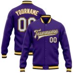 Personalized Purple White Black-Gold Bomber Full-Snap Varsity Letterman Jacket Team Custom Name and Number