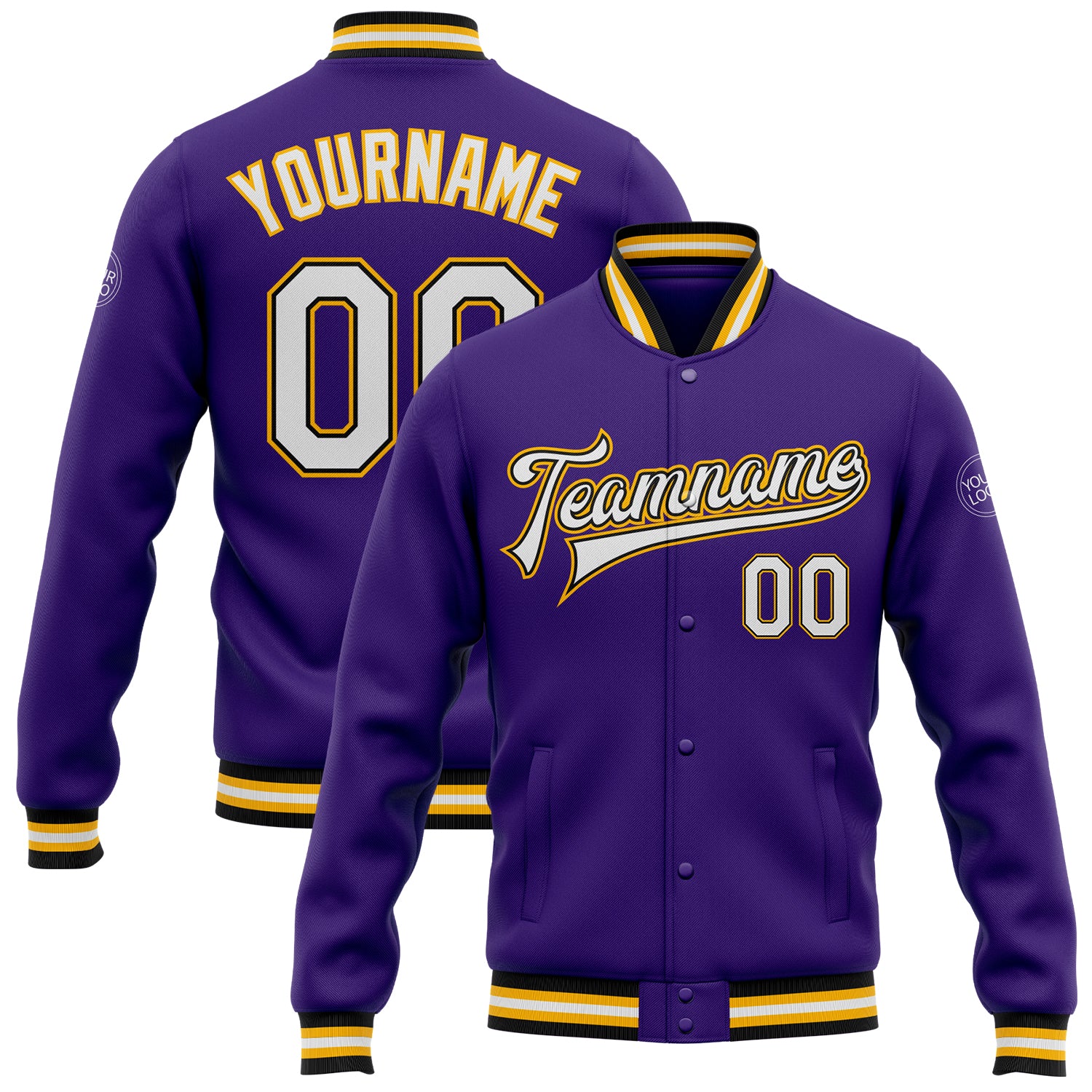 Personalized Purple White Black-Gold Bomber Full-Snap Varsity Letterman Jacket Team Custom Name and Number