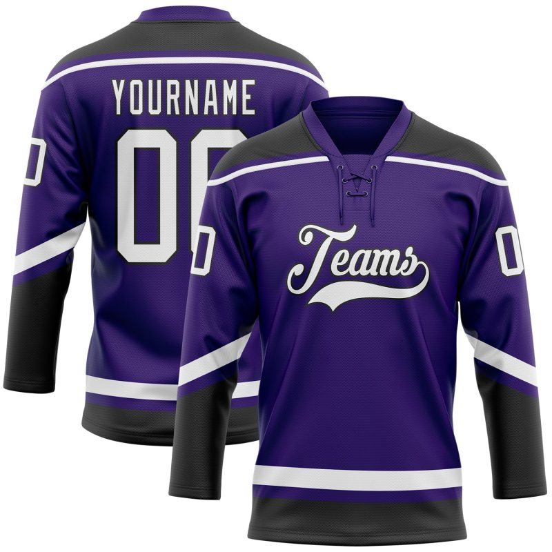 Personalized Purple White-Black Hockey Lace Neck Jersey Team Custom Name and Number