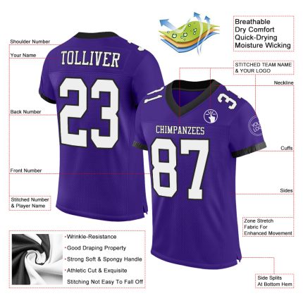Personalized Purple White-Black Mesh Authentic Football Jersey Team Custom Name and Number
