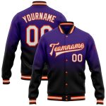 Personalized Purple White Black-Orange Bomber Full-Snap Varsity Letterman Fade Fashion Jacket Team Custom Name and Number