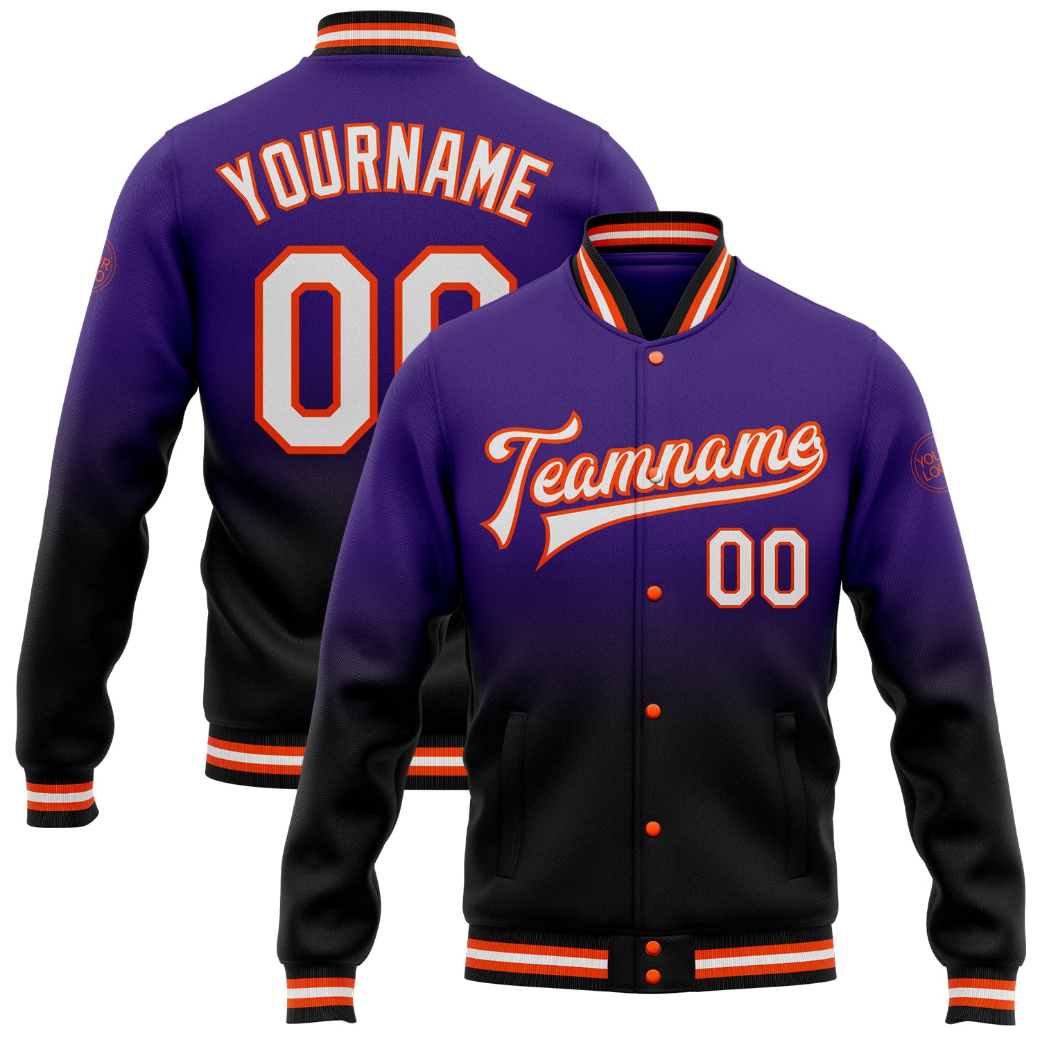 Personalized Purple White Black-Orange Bomber Full-Snap Varsity Letterman Fade Fashion Jacket Team Custom Name and Number
