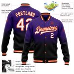 Personalized Purple White Black-Orange Bomber Full-Snap Varsity Letterman Fade Fashion Jacket Team Custom Name and Number