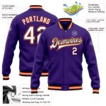 Personalized Purple White Black-Orange Bomber Full-Snap Varsity Letterman Jacket Team Custom Name and Number