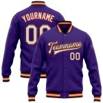 Personalized Purple White Black-Orange Bomber Full-Snap Varsity Letterman Jacket Team Custom Name and Number