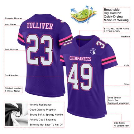 Personalized Purple White Black-Pink Mesh Authentic Football Jersey Team Custom Name and Number