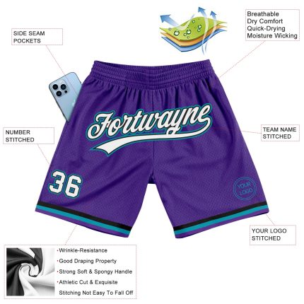 Personalized Purple White Black-Teal Authentic Throwback Basketball Shorts Team Custom Name and Number