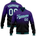 Personalized Purple White Black-Teal Bomber Full-Snap Varsity Letterman Fade Fashion Jacket Team Custom Name and Number