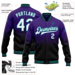 Personalized Purple White Black-Teal Bomber Full-Snap Varsity Letterman Fade Fashion Jacket Team Custom Name and Number
