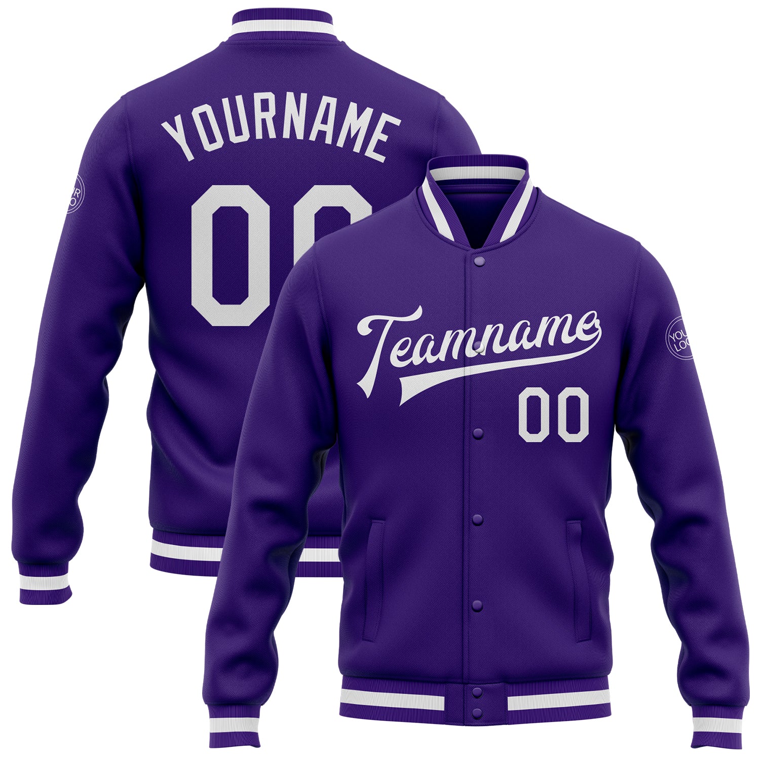 Personalized Purple White Bomber Full-Snap Varsity Letterman Jacket Team Custom Name and Number