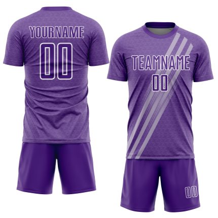 Custom purple and white soccer jersey, back view
