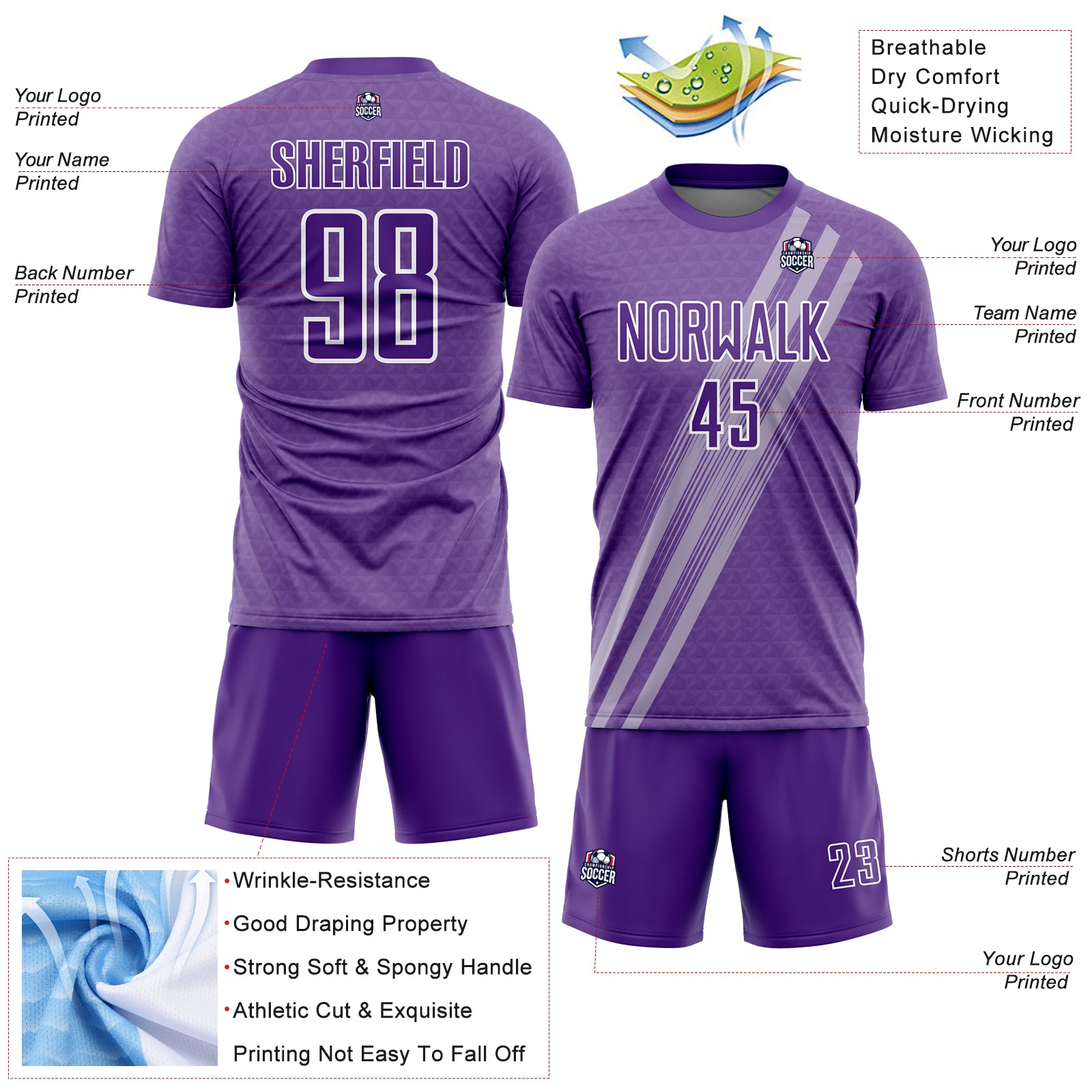 Personalized Purple White Diagonal Lines Sublimation Soccer Uniform Jersey Team Custom Name and Number Personalized Purple White Diagonal Lines Sublimation Soccer Uniform Jersey Team Custom Name and Number - Image 4