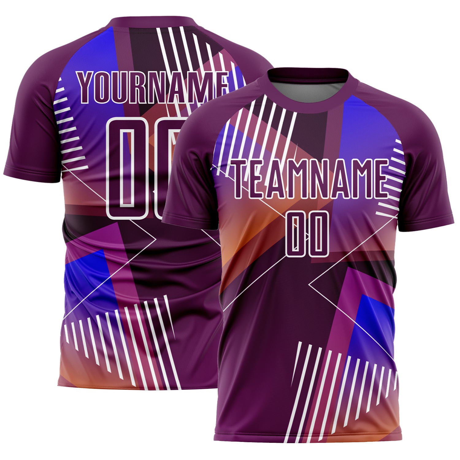 Personalized Purple White Geometric Shapes Sublimation Soccer Uniform Jersey Team Custom Name and Number