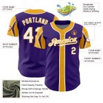Personalized Purple White-Gold 3 Colors Arm Shapes Authentic Baseball Jersey Team Custom Name and Number