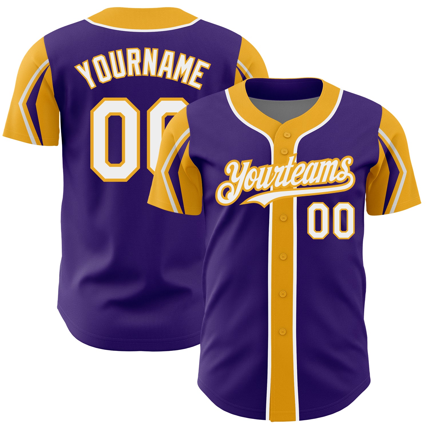 Personalized Purple White-Gold 3 Colors Arm Shapes Authentic Baseball Jersey Team Custom Name and Number