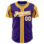 Personalized Purple White-Gold 3 Colors Arm Shapes Authentic Baseball Jersey Team Custom Name and Number