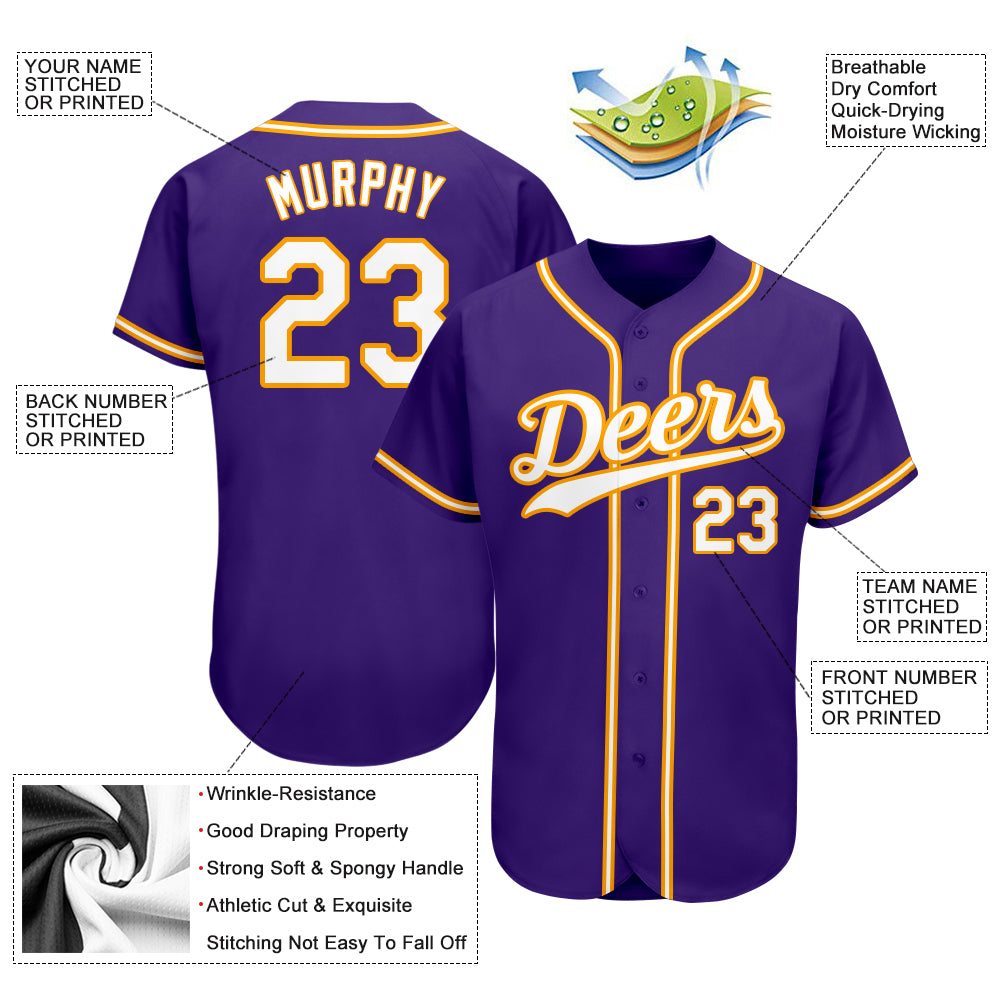 Personalized Purple White-Gold Authentic Baseball Jersey Team Custom Name and Number Personalized Purple White-Gold Authentic Baseball Jersey Team Custom Name and Number - Image 3