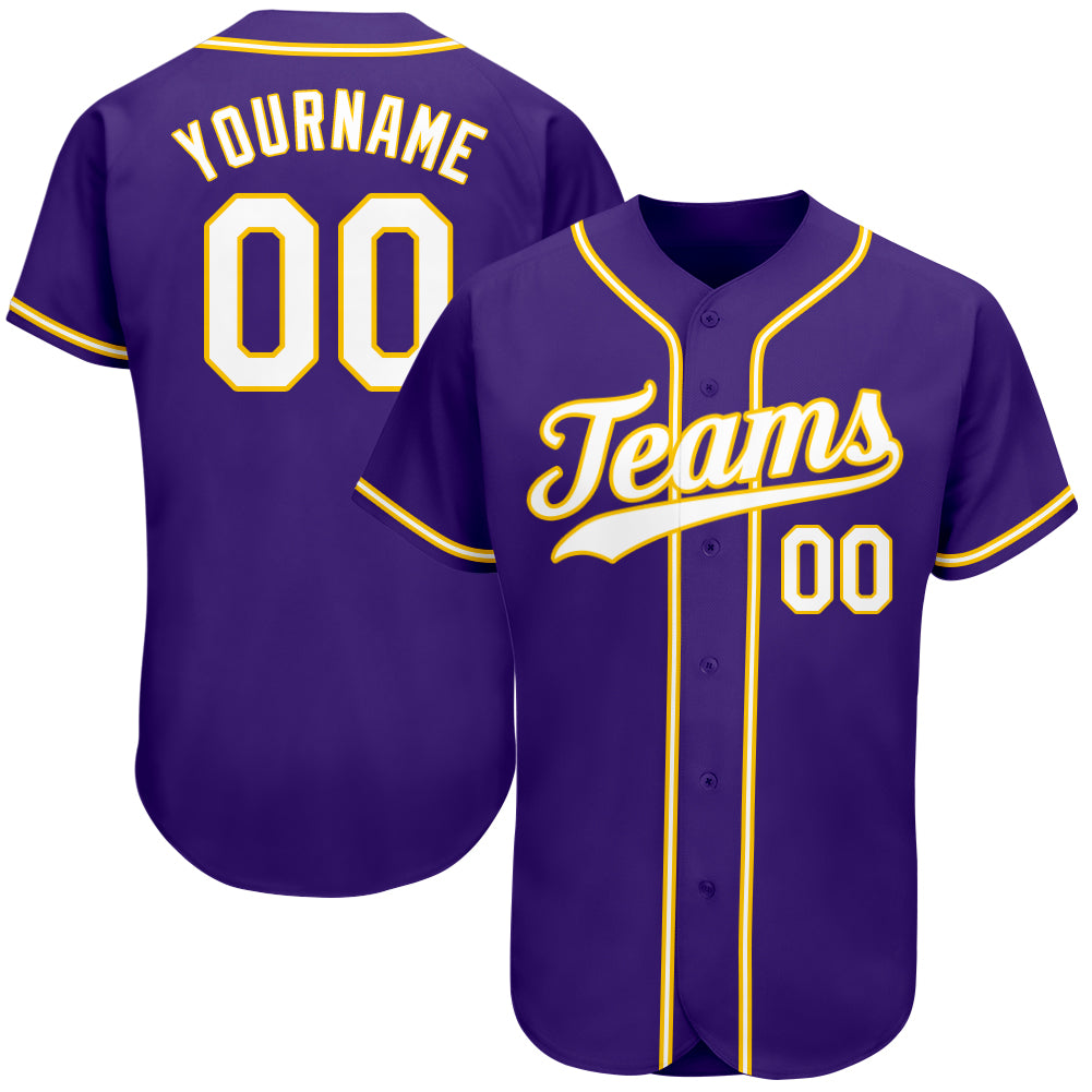 Personalized Purple White-Gold Authentic Baseball Jersey Team Custom Name and Number