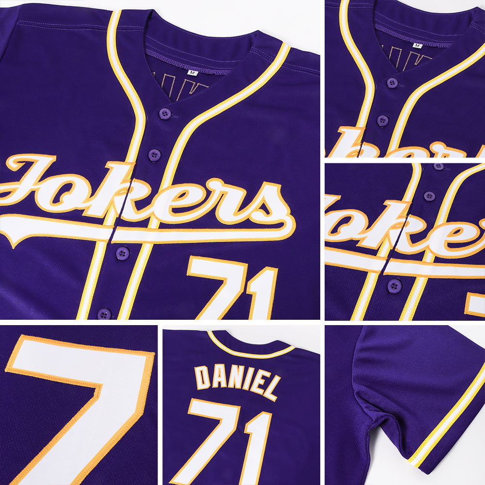 Personalized Purple White-Gold Authentic Baseball Jersey Team Custom Name and Number Personalized Purple White-Gold Authentic Baseball Jersey Team Custom Name and Number - Image 6