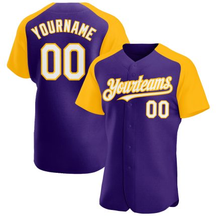 Personalized Purple White-Gold Authentic Raglan Sleeves Baseball Jersey Team Custom Name and Number