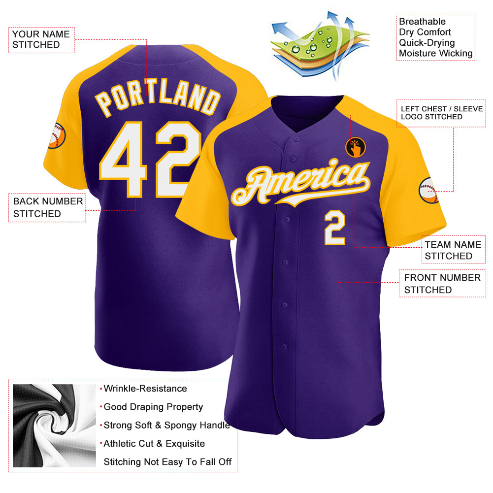 Personalized Purple White-Gold Authentic Raglan Sleeves Baseball Jersey Team Custom Name and Number Personalized Purple White-Gold Authentic Raglan Sleeves Baseball Jersey Team Custom Name and Number - Image 3