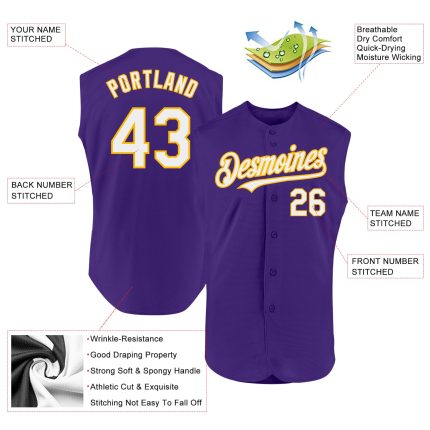 Personalized Purple White-Gold Authentic Sleeveless Baseball Jersey