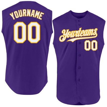 Personalized Purple White-Gold Authentic Sleeveless Baseball Jersey