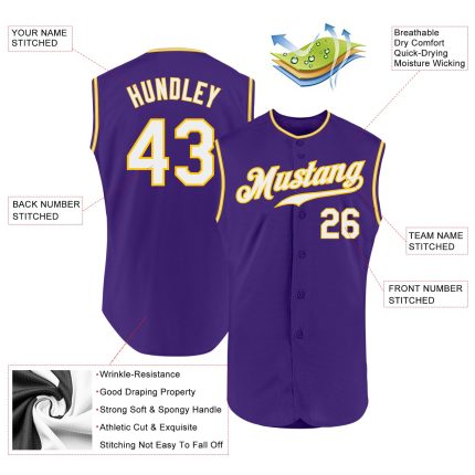 Personalized Purple White-Gold Authentic Sleeveless Baseball Jersey Team Custom Name and Number