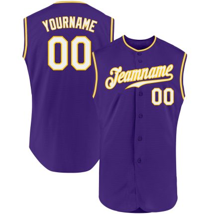 Personalized Purple White-Gold Authentic Sleeveless Baseball Jersey Team Custom Name and Number