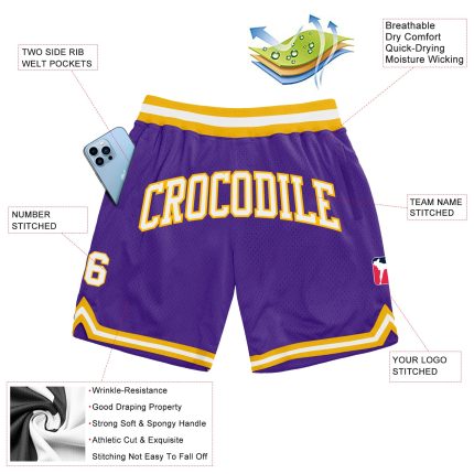 Personalized Purple White-Gold Authentic Throwback Basketball Shorts Team Custom Name and Number