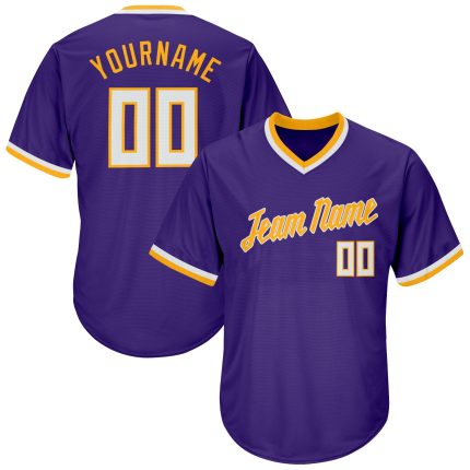 Personalized Purple White-Gold Authentic Throwback Rib-Knit Baseball Jersey Shirt Team Custom Name and Number