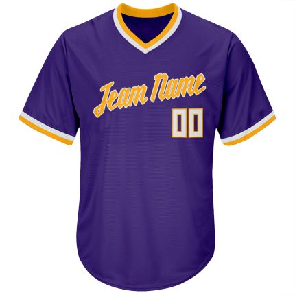 Personalized Purple White-Gold Authentic Throwback Rib-Knit Baseball Jersey Shirt Team Custom Name and Number