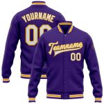 Personalized Purple White-Gold Bomber Full-Snap Varsity Letterman Jacket