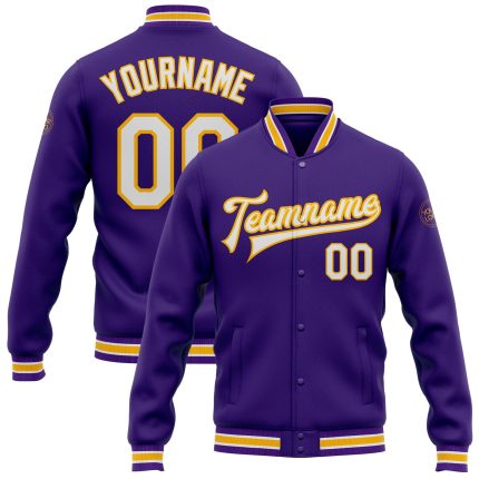 Personalized Purple White-Gold Bomber Full-Snap Varsity Letterman Jacket