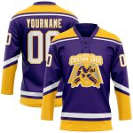 Personalized Purple White-Gold Hockey Lace Neck Jersey Team Custom Name and Number